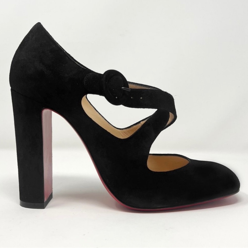 Christian Louboutin Miss Ellen 100 Black Suede Cross Strap Maryjane Pumps Heels